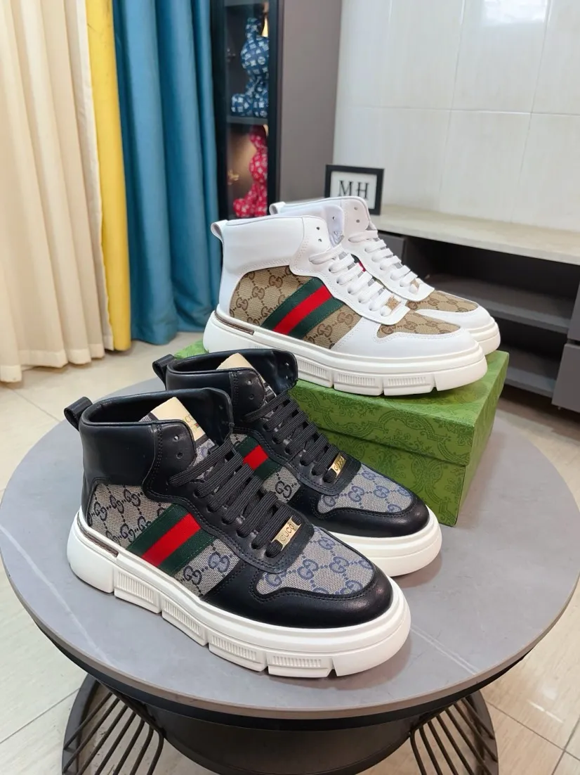 Men's shoes 💰440🌹🌹GUCCI [Gucci] New high-top men's shoes, a high-end brand, the latest fashionable casual men's shoes, trendy and versatile, relaxed and sporty style, uppers imported from Italy, first-layer cowhide, genuine leather lining, and ultra-fine workmanship. Original personalized fashionable rubber wear-resistant outsole, light and comfortable on the foot, size 38-44